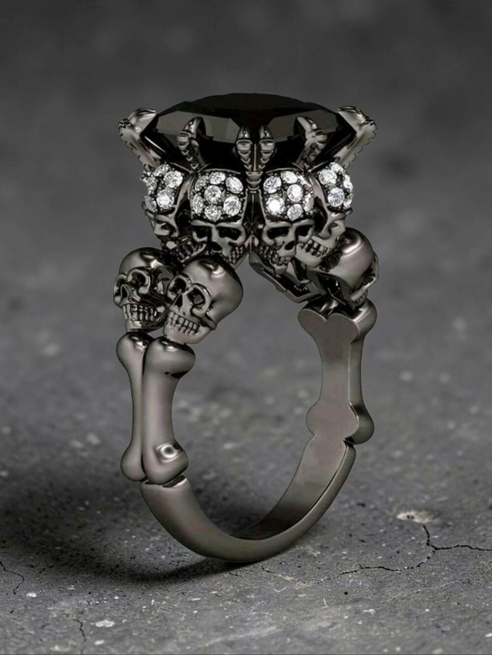 Black Skull Ring with Black Gem and Crystal Accents Gothic Goth Grunge Punk, 10